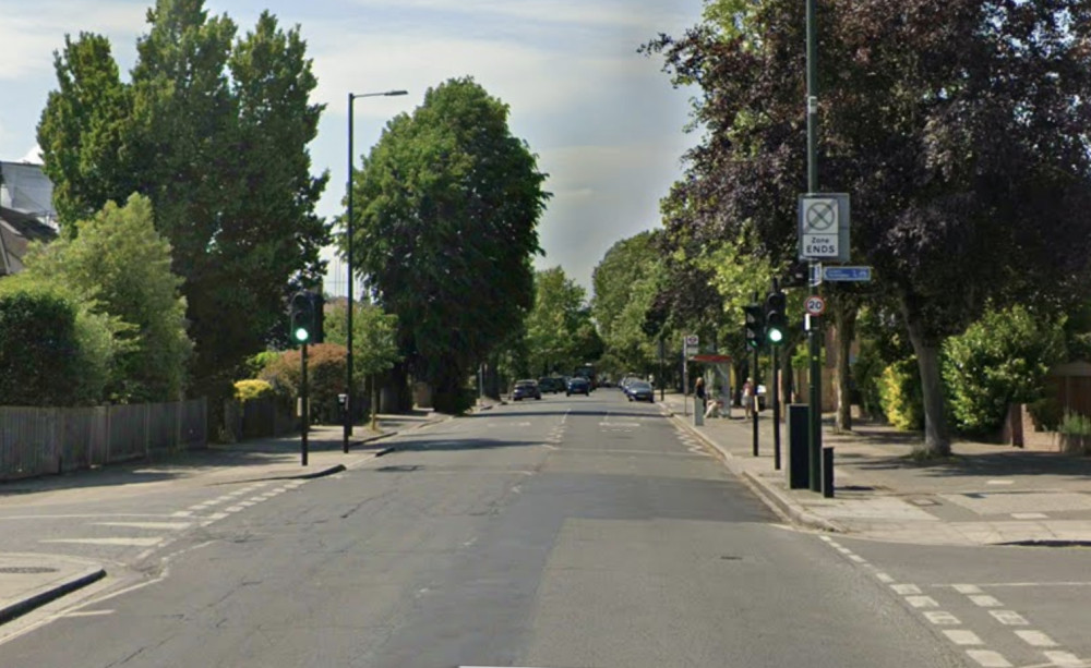 Engineers from Thames Water work to repair a burst main on Staines Road, with temporary traffic signals in place near the Fifth Cross Road junction (credit: Google Maps).