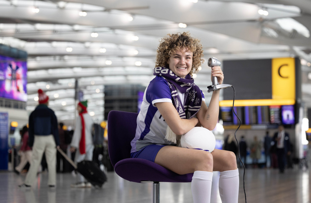 England rugby international Ellie Kildunne records festive messages as Heathrow’s first ‘Voice of Britain’, welcoming millions of passengers travelling through the airport this December (credit: Heathrow Airport).