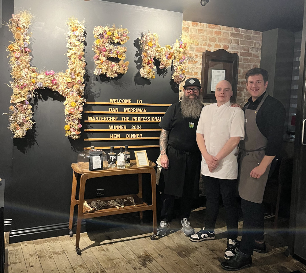 From left - Dan Cavell (Head Chef, Hem), Dan Merriman, Seb Hargreaves (Owner/Maitre D’, Hem)