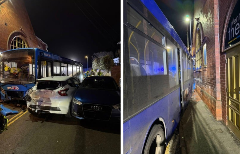 Five vehicles and a bus crashed into the side of Ashby Venture Theatre (Photo: Leicestershire Fire and Rescue)