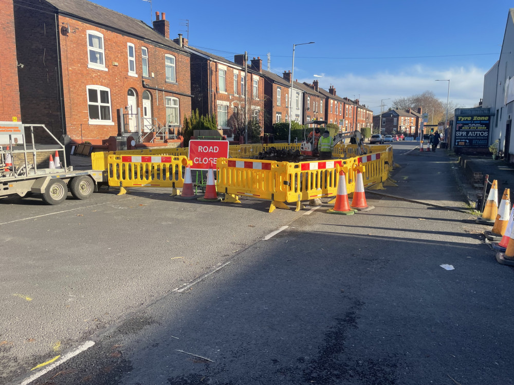 Carrington Road near Portwood Roundabout is closed in both directions while repair crews work to fix a sinkhole (Image - Nub News)