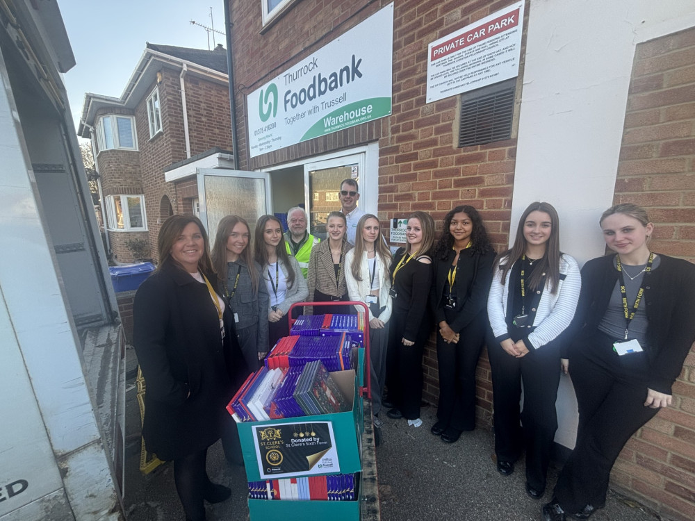 Julie Willett, St Clere's Sixth Form Support Officer, with Thurrock foodbank driver Malcolm and Operations Manager Pete Newall and students Poppy Howes, Ashwina Sobrun, Emma Jones, Lilly Chapell, Bethany Homer, Kimberley McCann and Natasha Donnelly.