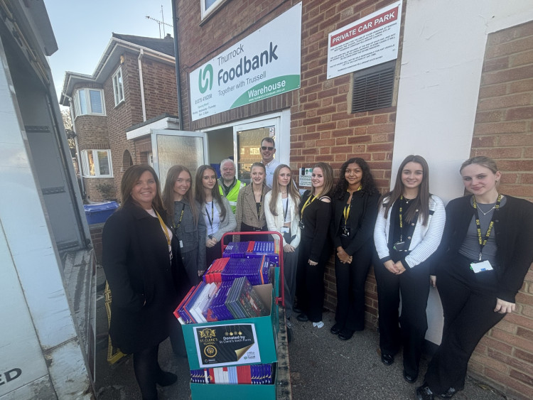 Julie Willett, St Clere's Sixth Form Support Officer, with Thurrock foodbank driver Malcolm and Operations Manager Pete Newall and students Poppy Howes, Ashwina Sobrun, Emma Jones, Lilly Chapell, Bethany Homer, Kimberley McCann and Natasha Donnelly.