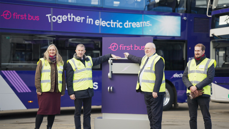 From left:  Isabel McAllister, Chief Sustainability Officer at First Bus, Cllr Mark Platt, Deputy Cabinet Member for Highways, Infrastructure and Sustainable Transport at Essex County Council, Piers Marlow, Managing Director - Projects & Operations at First Bus, and Patrick Malone, Deputy Head of Local Passenger Transport at the Department for Transport.