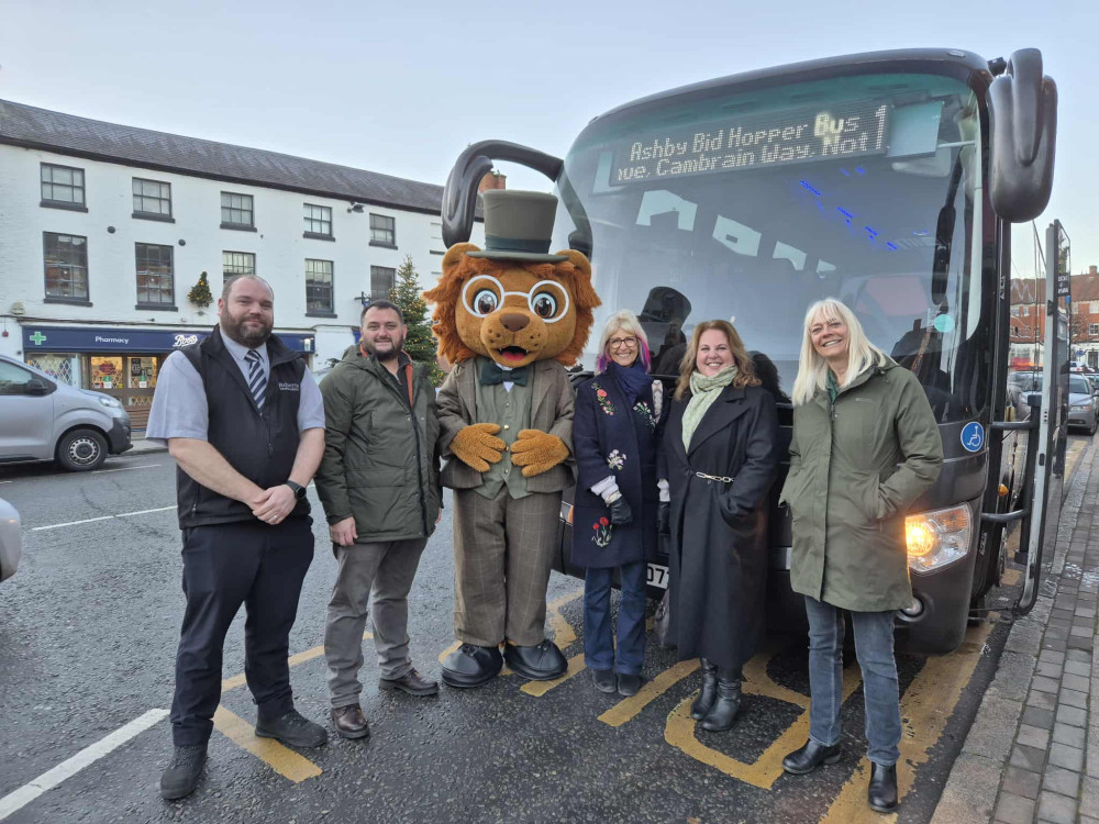 New town mascot Sir Zouch helps launch Ashby's free hopper bus trial (Photo: Ashby BID)