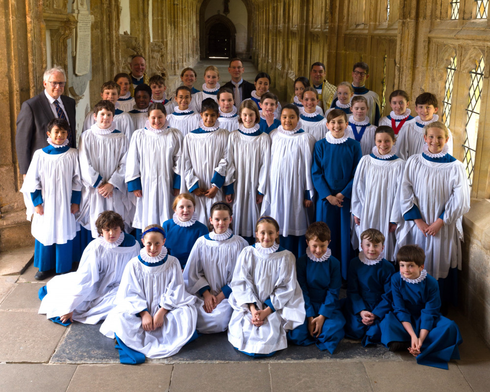 Arnold Wills, Chair of WCCT on left, with Wells Choristers 