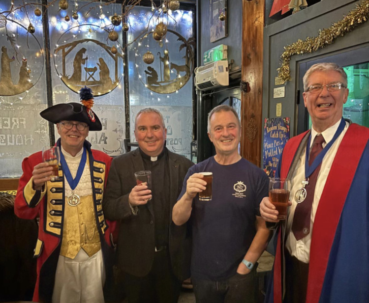 Michael Reddy, Warwick Town crier (Court Leet member), Father Patrick, Tim Maccabee - landlord at The Old Post Office and The Eagle, Simon Garwood, Warwick Court Leet Ale Taster (image supplied)