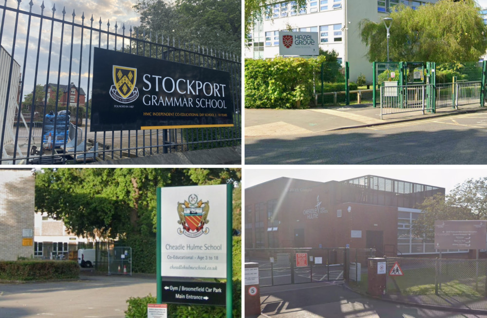 Cheadle Hulme High School, Hazel Grove High School, Cheadle Hulme School, and Stockport Grammar have made the 2026 Sunday Times Parent Power Guide (Images: top left - Nub News / others - Google Maps)