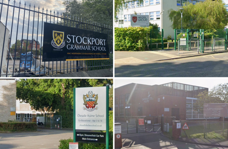 Cheadle Hulme High School, Hazel Grove High School, Cheadle Hulme School, and Stockport Grammar have made the 2026 Sunday Times Parent Power Guide (Images: top left - Nub News / others - Google Maps)
