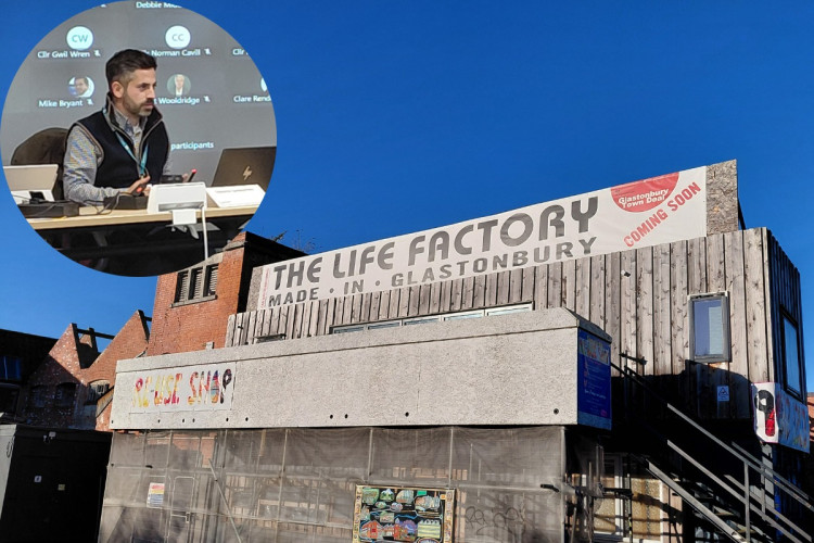 Councillor Diogo Rodrigues, inset, has lambasted Somerset Council's handling of the Life Factory project in Glastonbury. CREDIT: Daniel Mumby. 