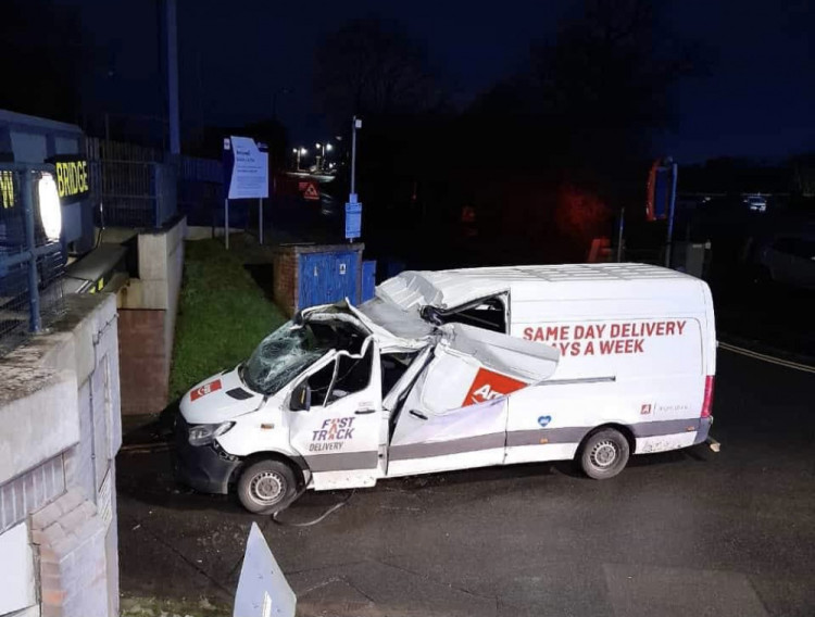 An Argos van after it smashed into the Station Road bridge in 2023 (image by Finlay Howarth / Car_fan_finn_)