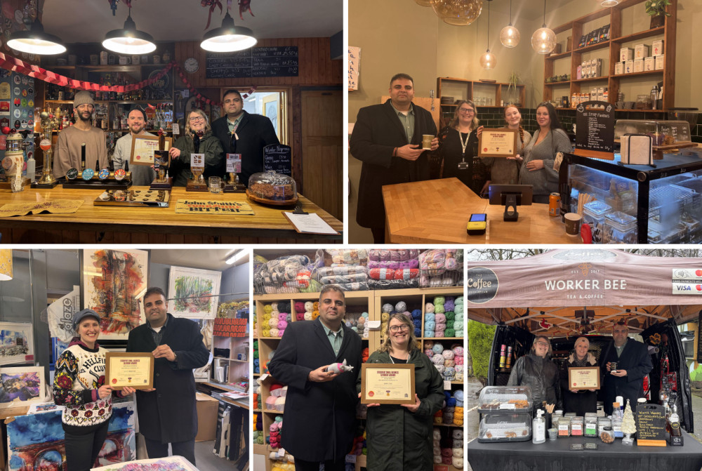 Stockport MP Navendu Mishra at the winning businesses. Clockwise from top left: Reddish Ale; The Last Track; The Coffee Bean Dream; Knit2Tog Wool Shop (with Cllr Rachel Wise); and Kate O'Brien Art (Images - Navendu Mishra)