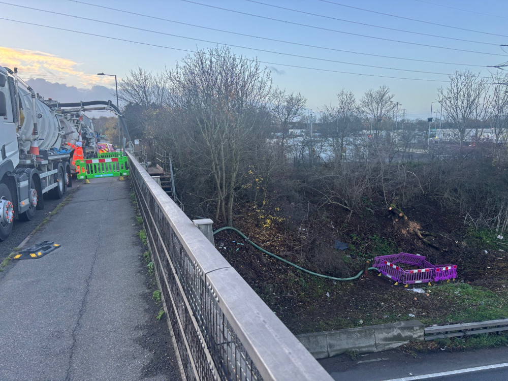 Pumping continues from the broken sewer alongside the A13.