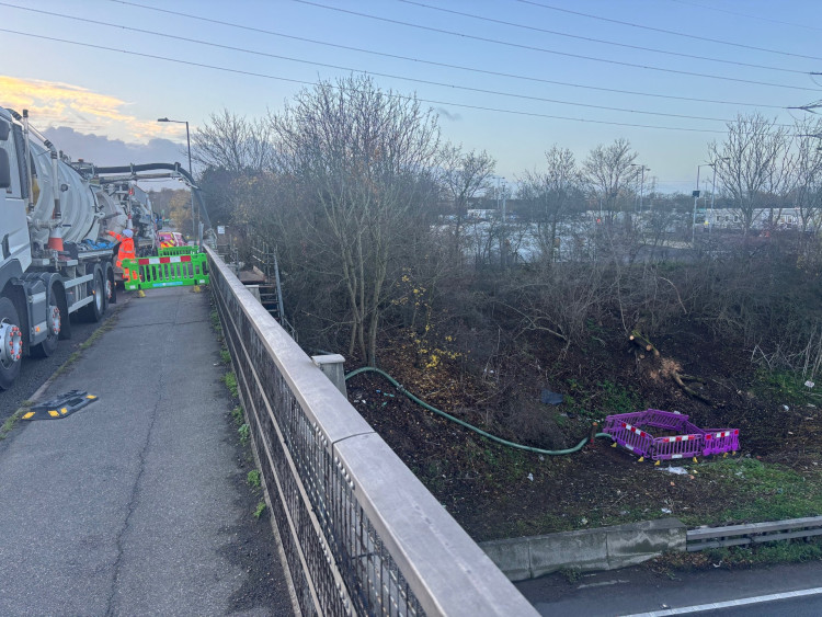 Pumping continues from the broken sewer alongside the A13.