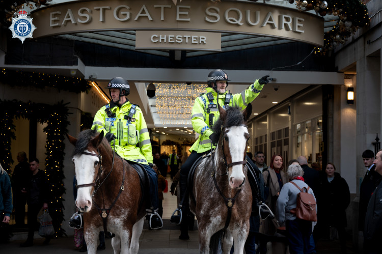 Officers conducted a high visibility operation in Chester city centre, including the use of mounted police (Image via: Cheshire Constabulary)