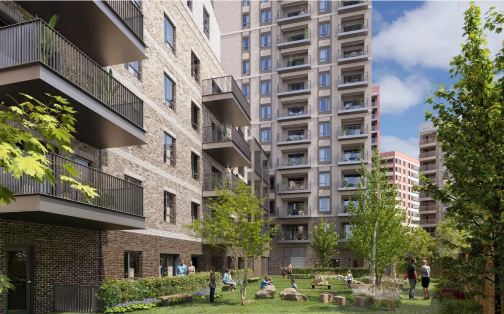 CGI of the proposed development including a garden behind the blocks (Credit: London Square/Fuse Architects)