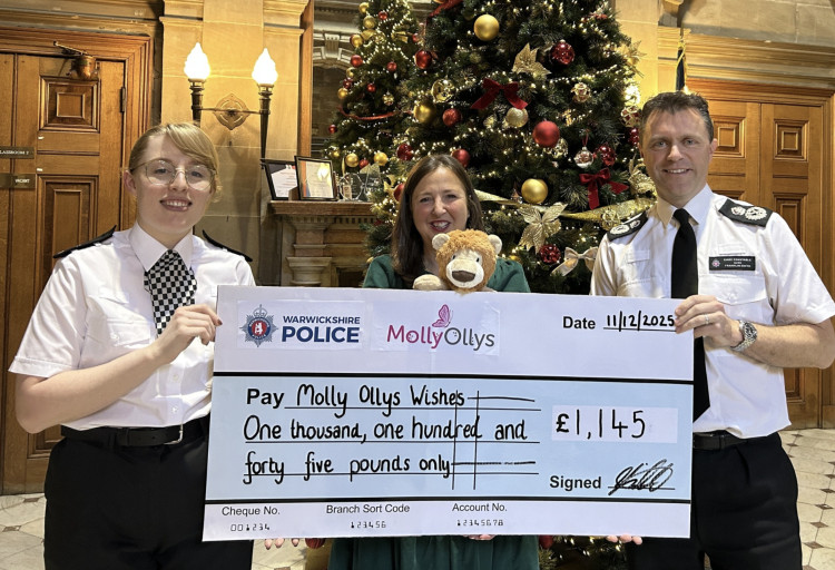 A Warwick-based charity, Molly Olly’s Wishes, received a £1,145 cheque from Warwickshire Police, raised from a raffle at their Excellence Awards (image via Warwickshire Police)