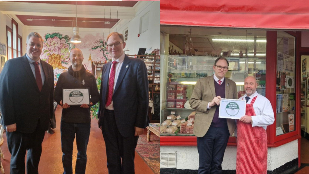 Eleven businesses received awards including The Café, Fenton (left, represented by Ben Husdan) and Hartshill Butchers (right, represented by Richard Holloway) (images via Gareth Snell MP)
