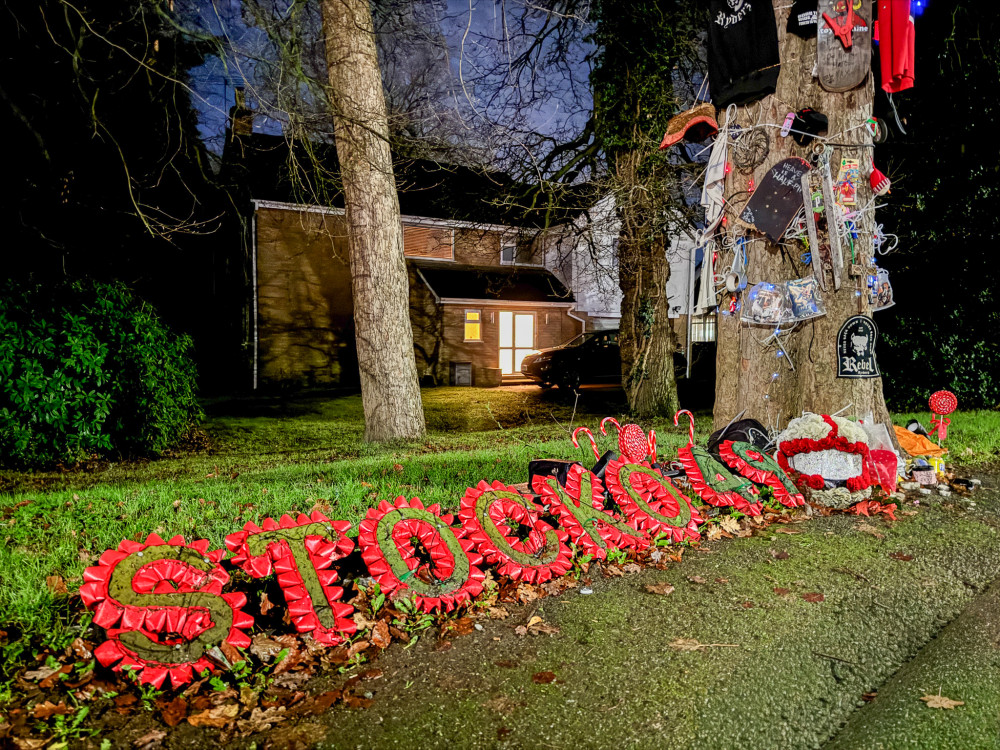 A wreath spelling out 'STOCKO49' rests beside the memorial tree in Willaston, reflecting Josh Stockton's nickname and the affection in which he was held (Photo: Nub News).