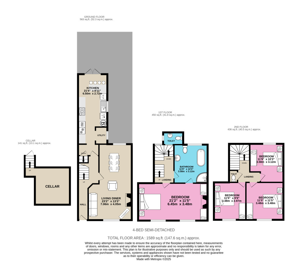 The floor plan highlights the generous proportions across three floors, including four double bedrooms and flexible living space