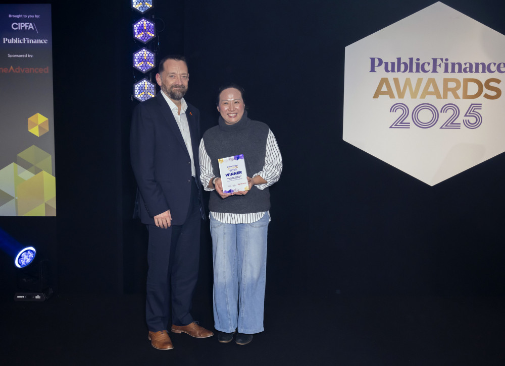 Agnes Choi (right) from East Cheshire NHS Trust’s finance team accepting the Frontline Services Award at the 2025 Public Finance Awards (Credit: NHS)