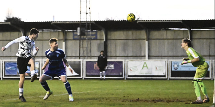 Kieran Jones scores against Brantham. Pictiure by Paul Bocking (InFocus Photos). 