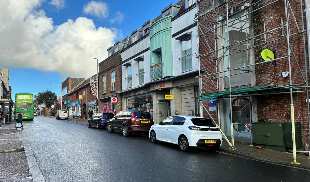 Four blue badge holders parked outside Dorchester’s Trinity Street Post Office, taking up all the available immediate space.
