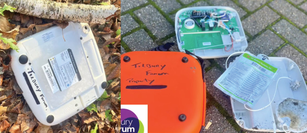 Broken remains of the defib were scattered around the area where it had been ripped off a wall. 