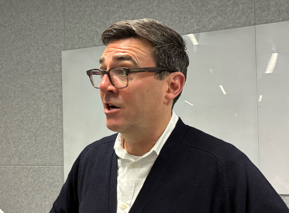 Andy Burnham speaks to media at a press conference in IBM office on New York Street in Manchester (Image - LDRS)
