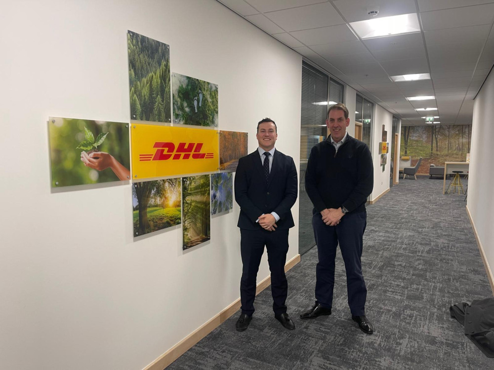 "James McMurdock MP visiting the DHL Logistics branch in Stanford-le-Hope, meeting with James Stephens, Vice President of Corporate Affairs, to discuss the role of logistics in supporting local jobs and supply chains."