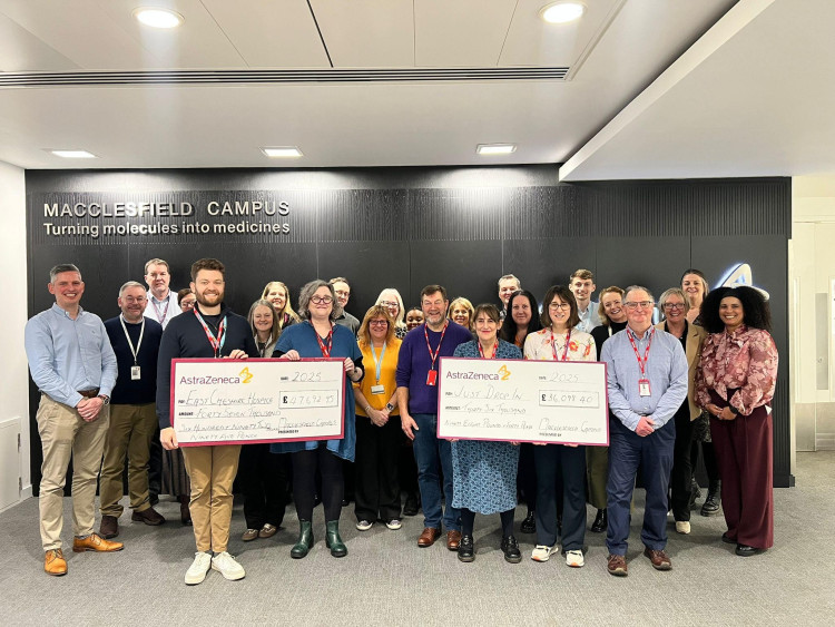 East Cheshire Hospice and Just Drop receive cheques from AstraZeneca's fundraising team (Credit: AZ)