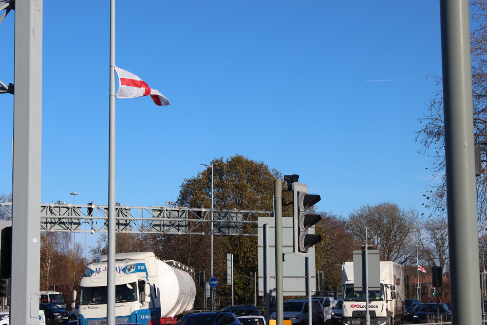 Flags seen on Portwood Roundabout in Stockport (Image - Nub News)