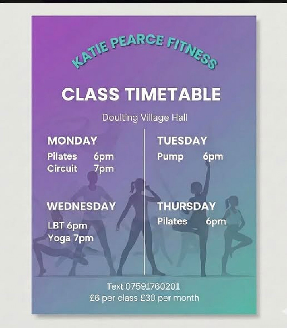 You can choose from Pilates, Yoga, Strength and Circuits with classes running from Monday to Thursday, from 6pm in Doulting Village hall.