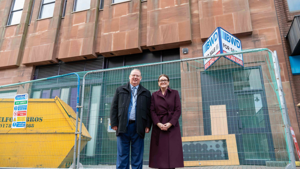 NSCG Principal & Chief Executive, Craig Hodgson pictured outside the former NatWest Bank on Greengate Street with Stafford MP Leigh Ingham (image via NSCG)