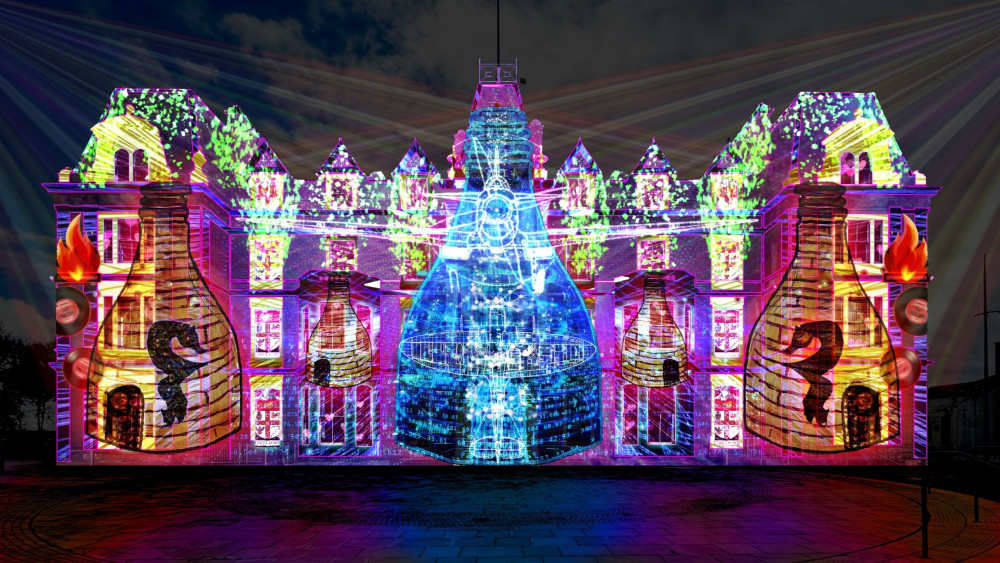  Illuminos’s Message In A Bottle Kiln artwork as it will look projected onto the Town Hall in Hanley (image via Hannah Hiles)