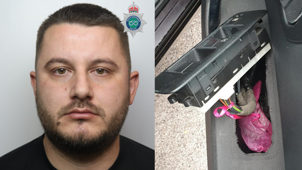 Etmond Margjoni was sentenced at Stoke-on-Trent Crown Court after officers found drugs in the doorway of the car he was driving (images via Staffordshire Police)