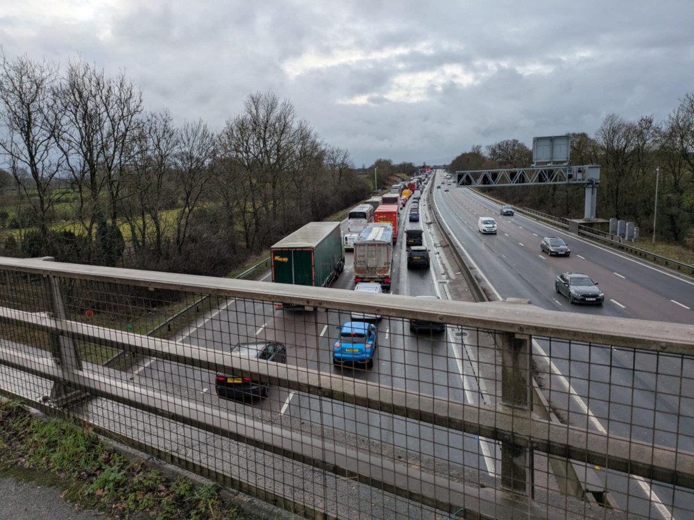 All lanes of the motorway between junctions 19 and 18 near Middlewich were closed earlier today (Thursday) after a car caught fire. (Photo: Nub News)