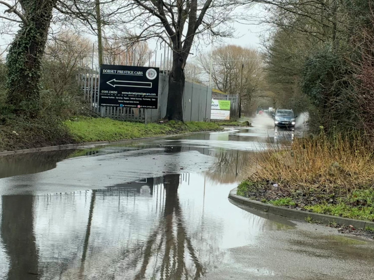 Flooding on the road to Dorchester’s Household Recycling Centre.