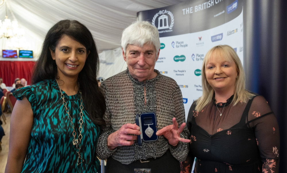 Award winner Kath Stephens (centre) with ceremony host Konnie Huq (left), and Lisa Hannah, chief people and communications officer from sponsors Aldermore Bank (Image supplied)