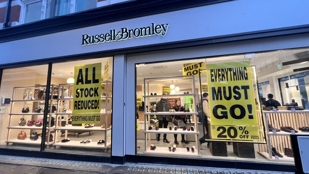 Clearance signs appear in Russell & Bromley’s Richmond branch after the 145-year-old British retailer entered administration (credit: Nub News).