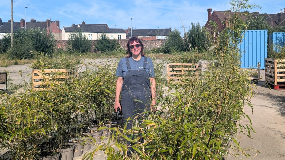 Gemma Thomas at Brilliant Bamboo's brownfield parklet in Stoke (image via Hannah Hiles)