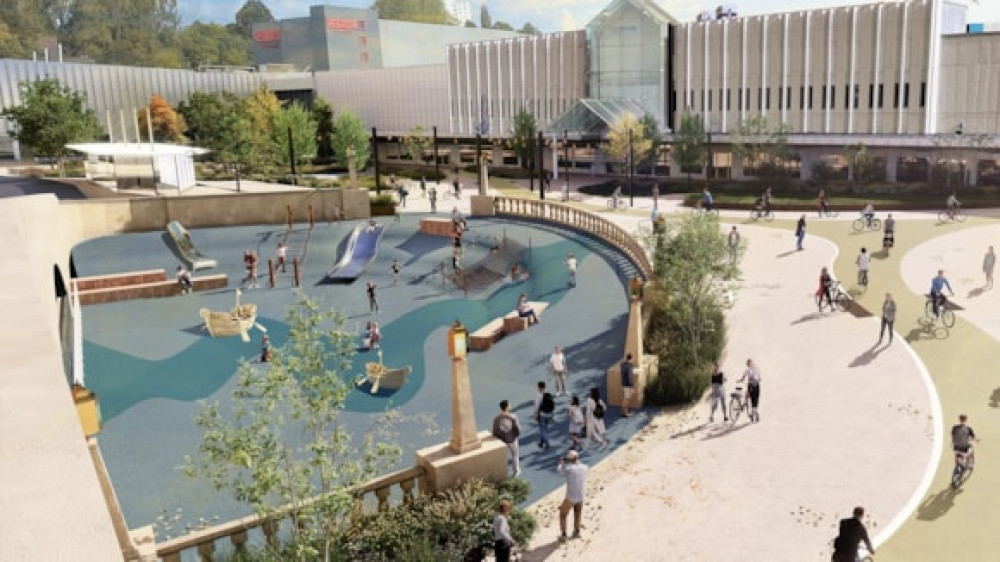 Plans have been proposed to completely transform Mersey Square and the Bear Pit with a new play area, walking and cycling pathways, greenery, and more (Image via Stockport Council)