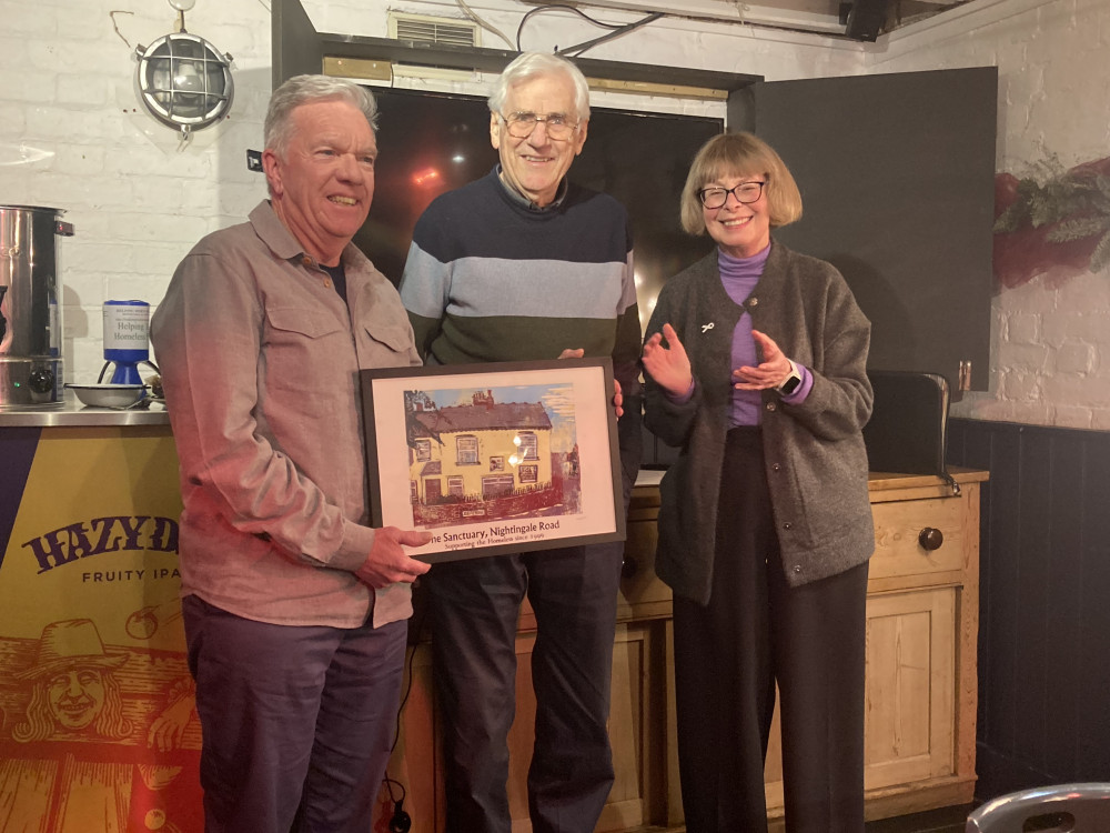 Picture is L-R   Owain Lister, Chair of Trustees for Helping Herts Homeless  Peter Warren,  Lifetime Honorary President, Helping Herts Homeless   Cllr Val Bryant