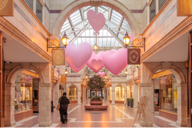 As of today (9 February), 28 large pink hearts have been suspended high above St. Michael's Arcade (Image via: Eastgate Square)