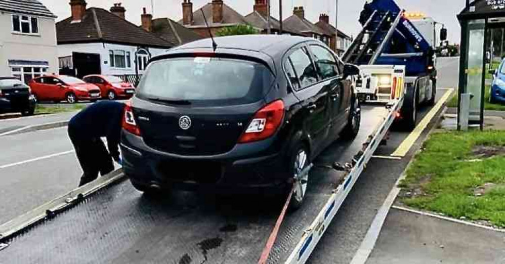 The Vauxhall was taken away on the back of a truck. Photo: Swadlincote SNT Facebook page