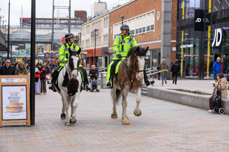 Police officers on horseback patrol Stockport town centre as part of Operation AVRO on Thursday 12 February (Image - GMP)