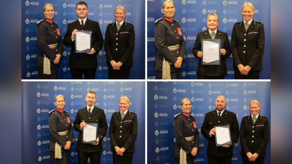 On Monday (9 February), Deputy Chief Constable Caroline Marsh and Lord-Lieutenant Liz Barnes CBE presented the officers with their certificates at a ceremony, held at the Staffordshire Police HQ in Stafford (image via Staffordshire Police)