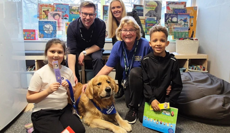 Therapy dog Archie and his owner Linda are part of the Pets as Therapy Programme - they've been spreading cheer at Woodley Primary School and Stepping Hill (Image - Stockport Council)