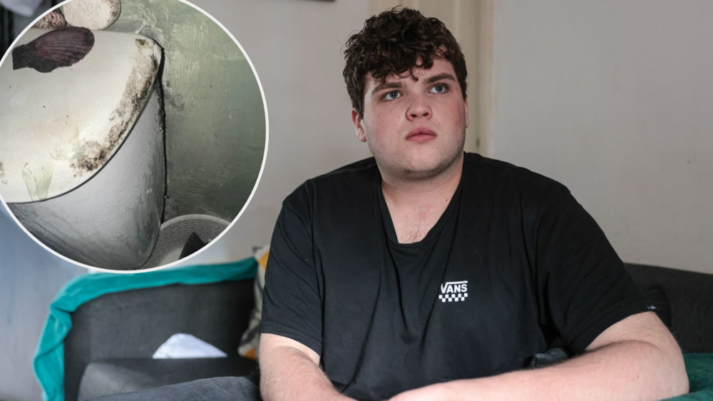 Dylan Cullen, 21, who lives in a Stockport Homes property on Otley Grove (Images - main: Kenny Brown / inset supplied)