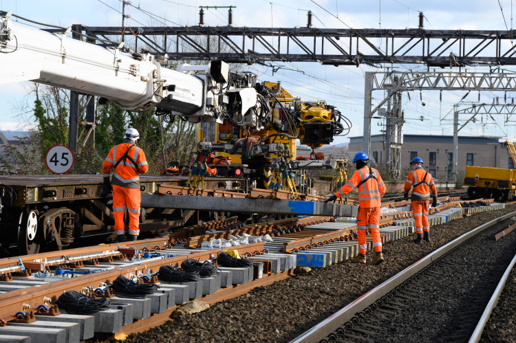 Track panels being dropped into place during upgrade work outside Manchester Piccaddilly (Credit: Network Rail)